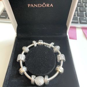Pandora snake chain sterling silver bracelet with clear sparkle charms